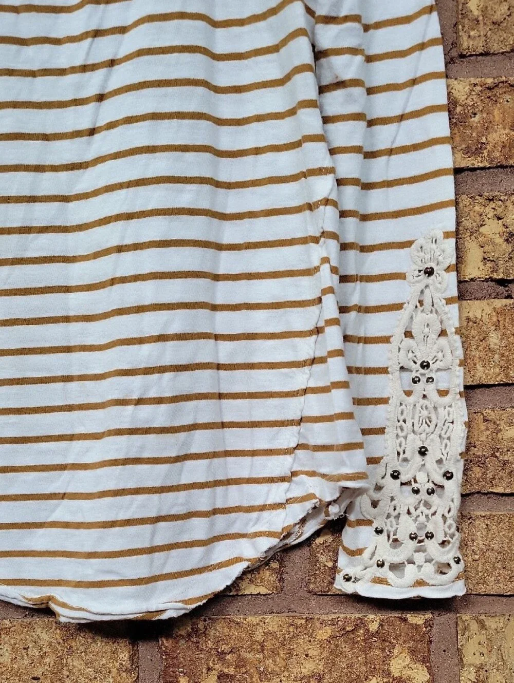 Free People Striped Scoop Neck Long Sleeve Top with Lace Cuff Cottom Size Medium